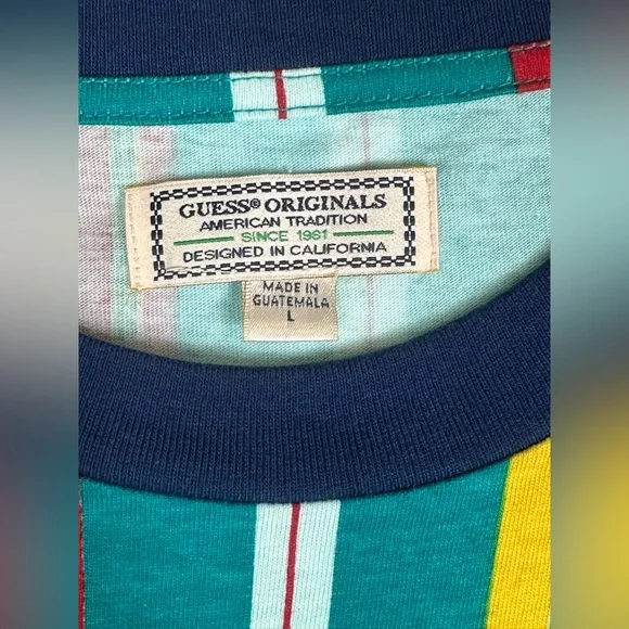Guess Shirt Mens Large Originals Striped Short Sleeve Cotton Tee‎ Vintage Green - Picture 10 of 12